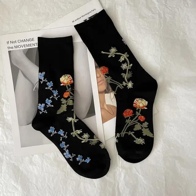 Vintage Women's Socks Catwalk Personality Black Stockings Short Bluegreen Flowers - Shop at LoveMi