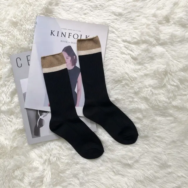 Color Matching Trendy Socks Japanese Cute Retro Pile Socks Black - Shop at LoveMi