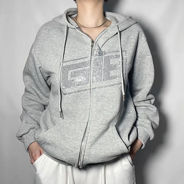 Hoodie Crew Neck Loose Letters Hot Rhinestone Zipper Grey - Shop at LoveMi