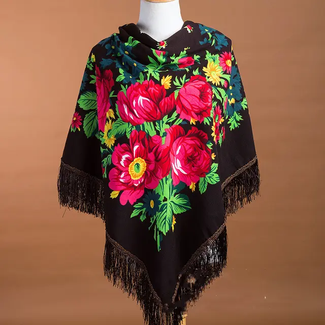 Large Square Scarf Shawl With Ethnic Print Tassels To Keep Warm Coffee - Shop at LoveMi