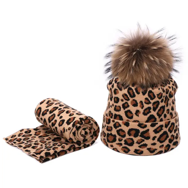 Leopard Spotted Knitted Woolen Hat And Scarf Set Brown - Shop at LoveMi