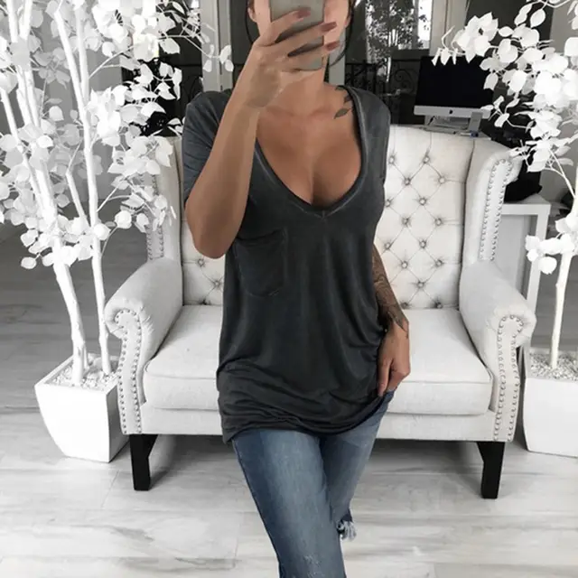 Solid Color V neck Chest Pocket Casual Top Women's T shirt Black - Shop at LoveMi