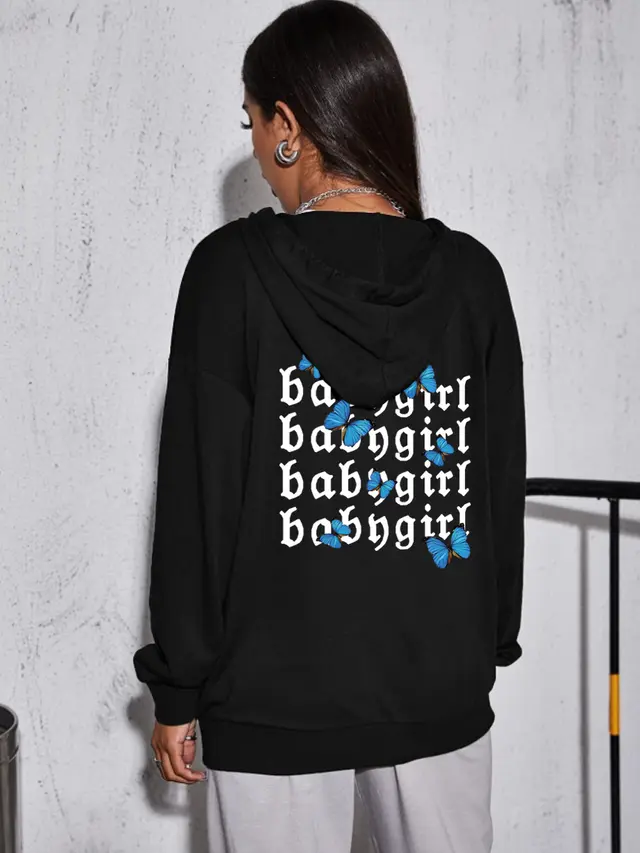 Simple Letter Printing Ladies Zipper Cardigan Black - Shop at LoveMi