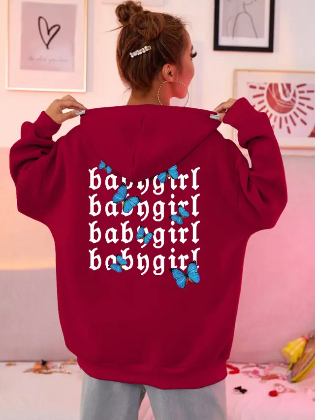 Simple Letter Printing Ladies Zipper Cardigan Wine Red - Shop at LoveMi