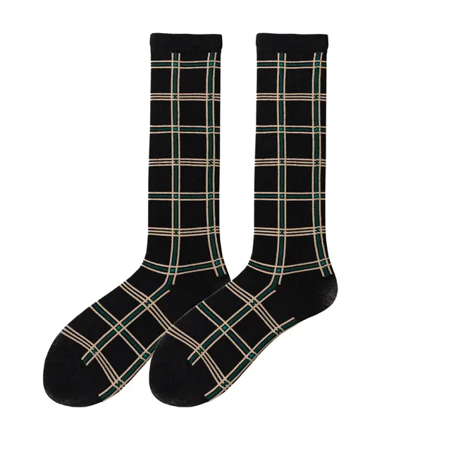 Women's High Tube Calf And Knee Pile Stockings Cotton Socks Black And Green Line Grid - Shop at LoveMi