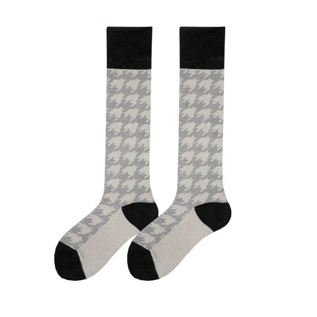 Women's High Tube Calf And Knee Pile Stockings Cotton Socks Grey Houndstooth - Shop at LoveMi