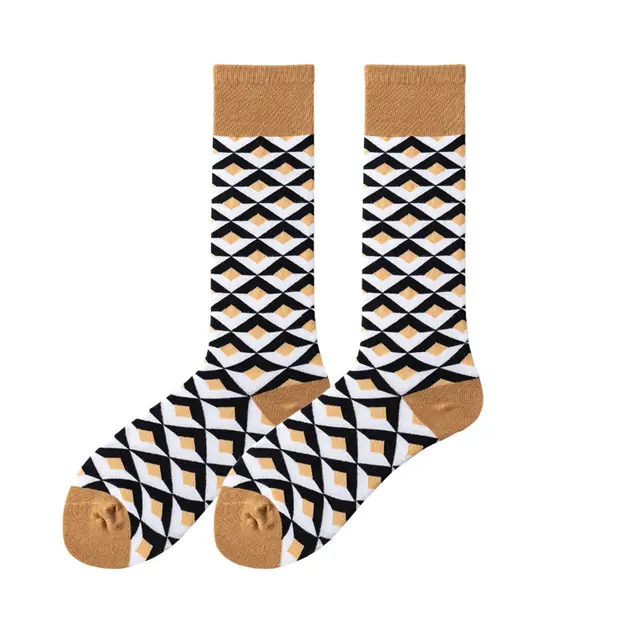 Women's High Tube Calf And Knee Pile Stockings Cotton Socks Khaki Diamond Grid - Shop at LoveMi