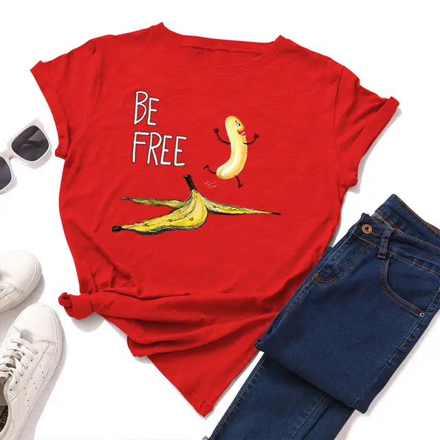 Loose Round Neck Cotton Spoof Banana Short Sleeves Big Red - Shop at LoveMi