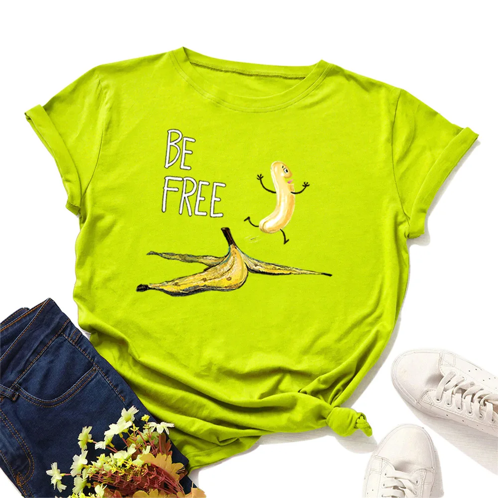 Loose Round Neck Cotton Spoof Banana Short Sleeves Fluorescent Green - Shop at LoveMi