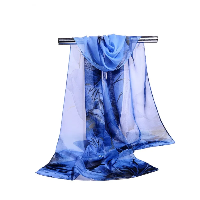 Women's Lotus Print Long Scarf Shawl Blue - Shop at LoveMi