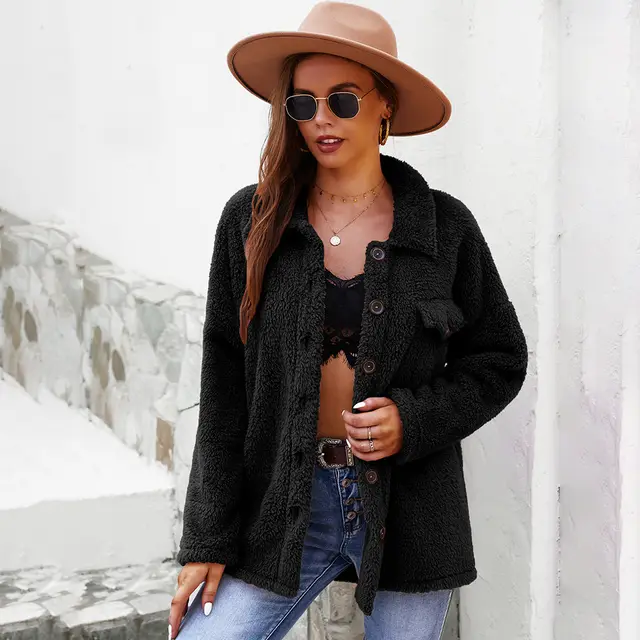 Fashionable Women's Solid Color Warm Long Sleeve Jacket Black - Shop at LoveMi