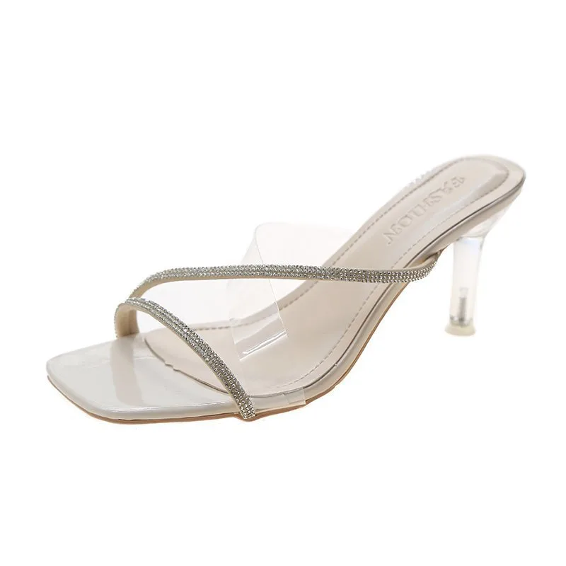 Women Wear Crystal Stiletto Sandals And Slippers Beige - Shop at LoveMi