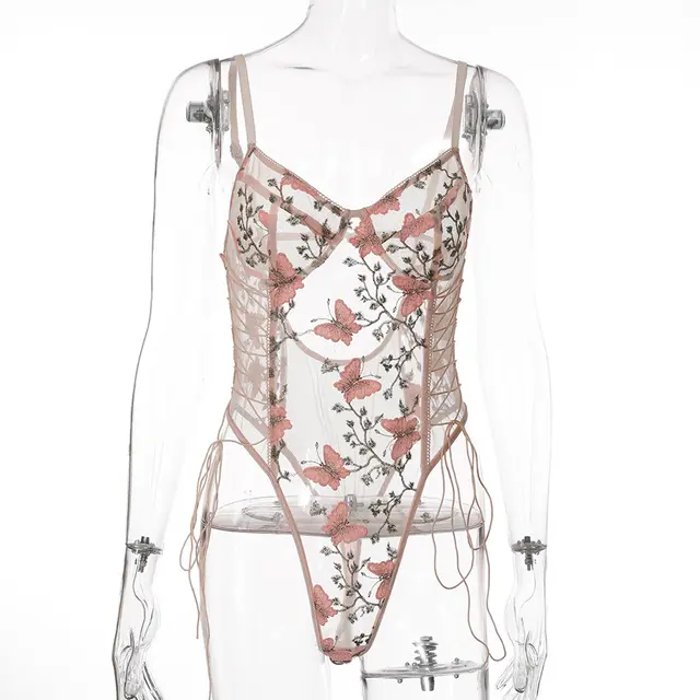 Sexy Erotic Lace Underwear Butterfly Embroidery Shaping Bodysuit Pink - Shop at LoveMi
