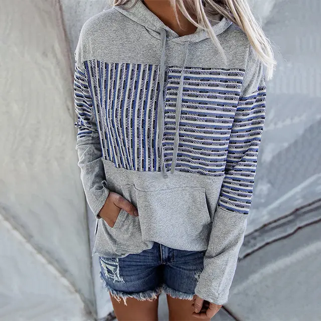 Hooded Sweater Women's Striped Top Casual Grey - Shop at LoveMi