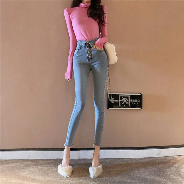 Fashion Simple High waist Single breasted Trousers Light Blue - Shop at LoveMi