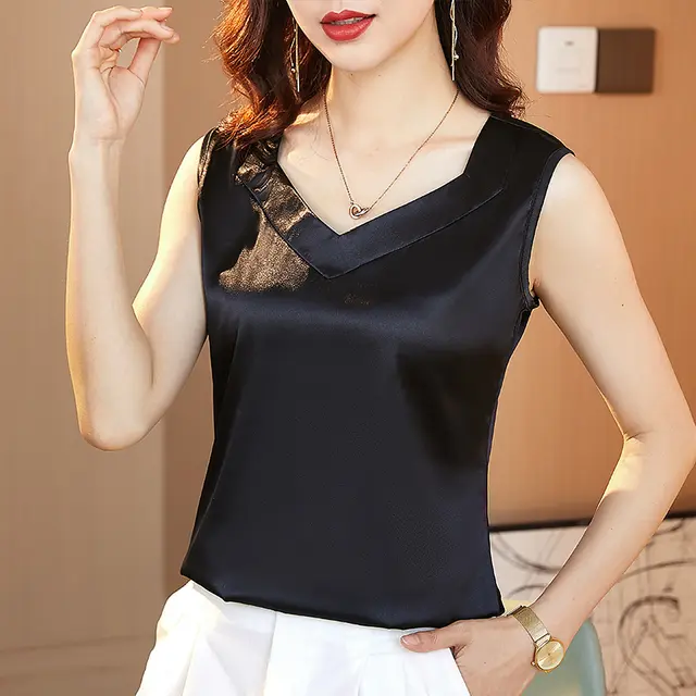 Spring And Summer Silk And Satin Bottoming With V neck Sleeveless Top Black - Shop at LoveMi
