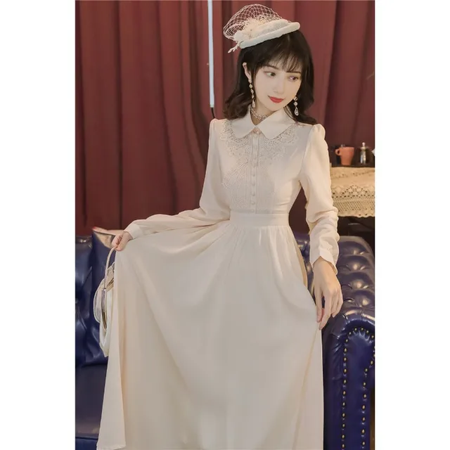 French girl literary temperament workplace dress Mori series Apricot White - Shop at LoveMi