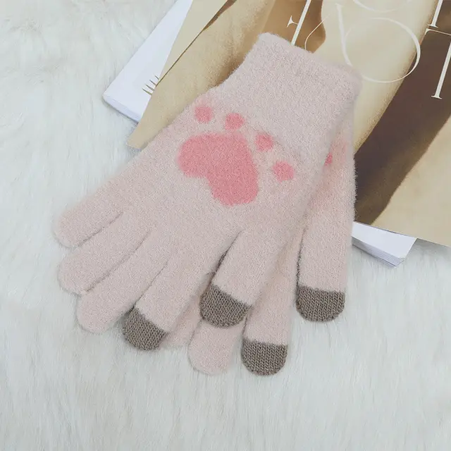 Autumn And Winter Contrast Color Cute Plus Velvet Knitted Gloves Women Dz123 Khaki - Shop at LoveMi