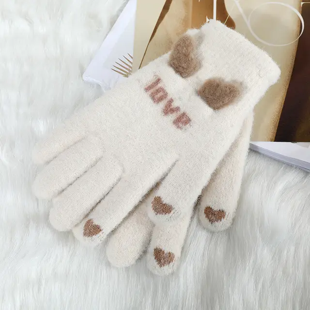 Autumn And Winter Contrast Color Cute Plus Velvet Knitted Gloves Women Dz132 Beige - Shop at LoveMi