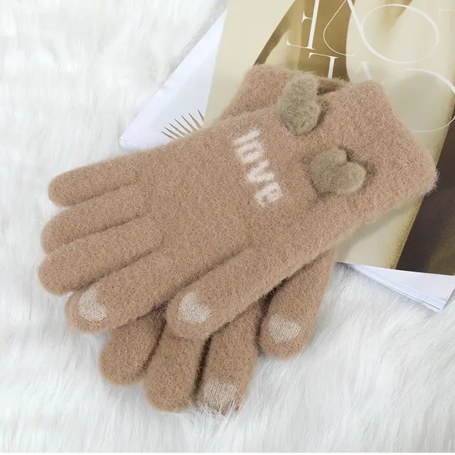 Autumn And Winter Contrast Color Cute Plus Velvet Knitted Gloves Women Dz132 Coffee Color - Shop at LoveMi