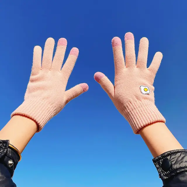 Autumn And Winter Contrast Color Cute Plus Velvet Knitted Gloves Women Dz78 Pink B - Shop at LoveMi