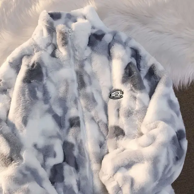 Tie dyed Lamb Wool Coat High quality Thick And Loose Grey - Shop at LoveMi