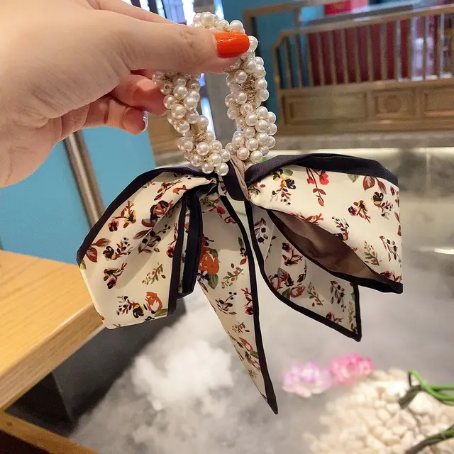 Ribbon Pearl Hair Ring Bowknot Rubber Band Women Blackedged Floral - Shop at LoveMi