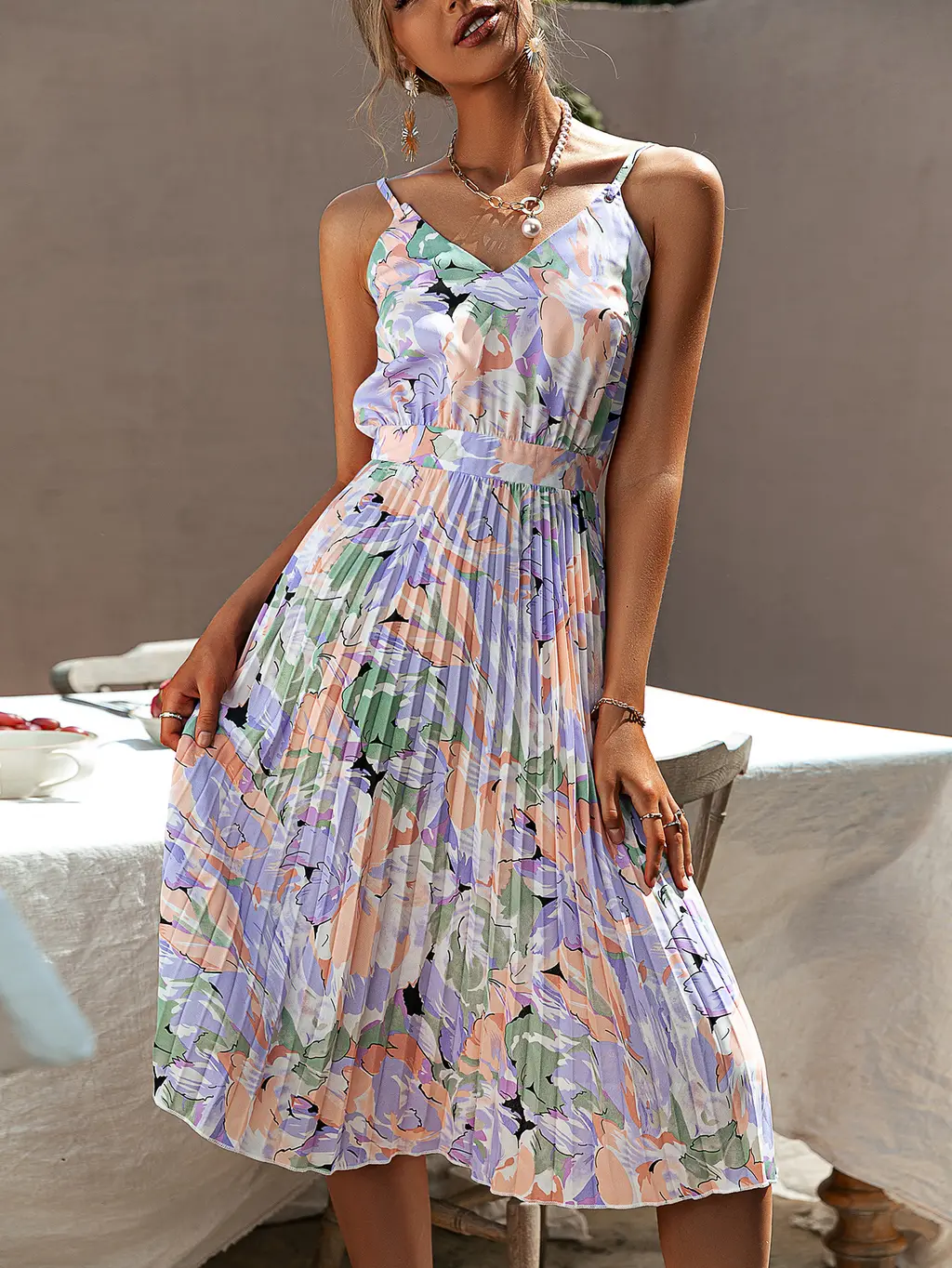 Double-sided Printed Diamond High-waisted White Puff Sleeve Dress - Purple