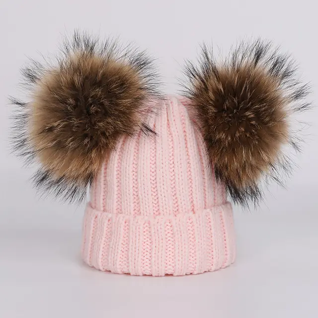 Men's And Women's Thickened Raccoon Fur Ball Knitted Ear Set Pink - Shop at LoveMi