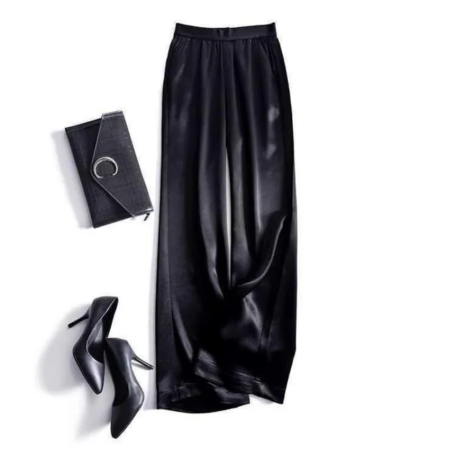 Three Acetate Wide leg Pants, High Waist Drape, Silky Ice Silk Straight Black - Shop at LoveMi