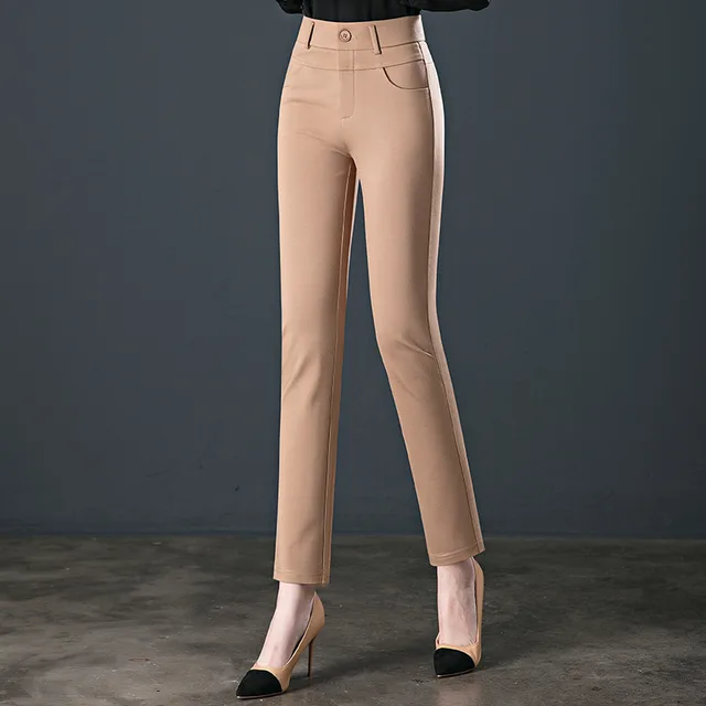 Women's Solid Color High waist Stretch knit Trousers Camel - Shop at LoveMi