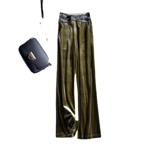 Fashion Women's Solid Color Gold Velvet Wide leg Pants Army Green - Shop at LoveMi