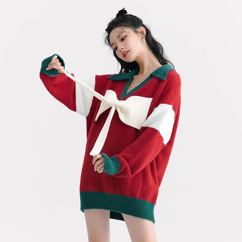 Christmas New Style Red Sweet And Cool Cute Bow Knitted Top Women Red - Shop at LoveMi