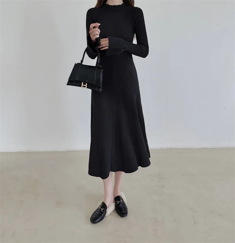 Temperament Retro Padded Base Sweater Dress French Knit - Black