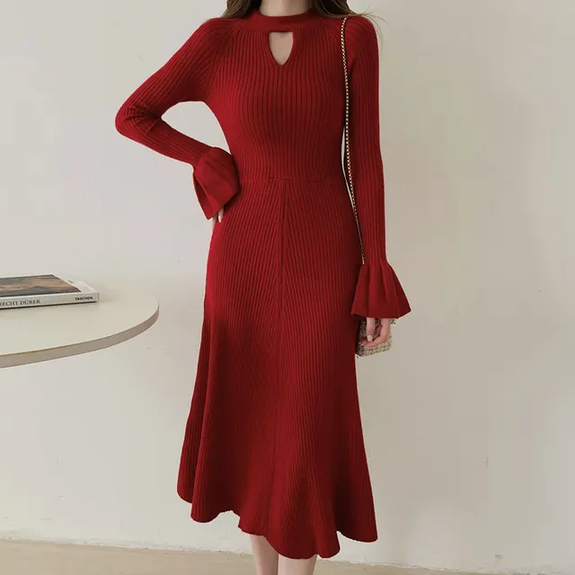 Temperament Retro Padded Base Sweater Dress French Knit Wine Red - Shop at LoveMi