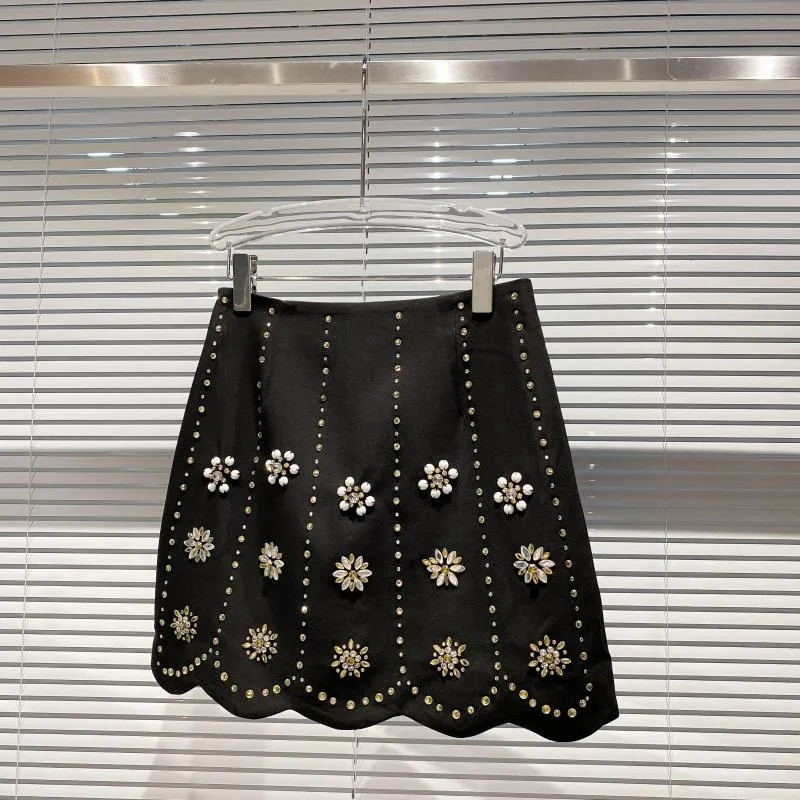 Handmade Three-dimensional Rhinestone Flower Beaded Gradient A-line Skirt - Black