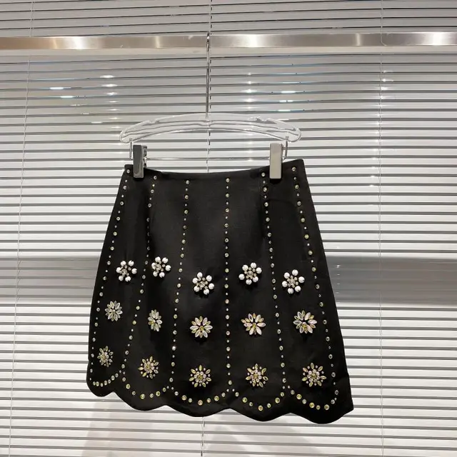 Handmade Three dimensional Rhinestone Flower Beaded Gradient A line Skirt Black - Shop at LoveMi