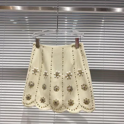 Handmade Three dimensional Rhinestone Flower Beaded Gradient A line Skirt White - Shop at LoveMi