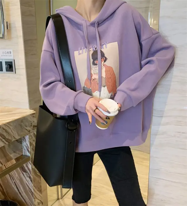 Large Size Loose Casual Jacket Coat Thick Embroidery Cartoon Hooded Purple - Shop at LoveMi