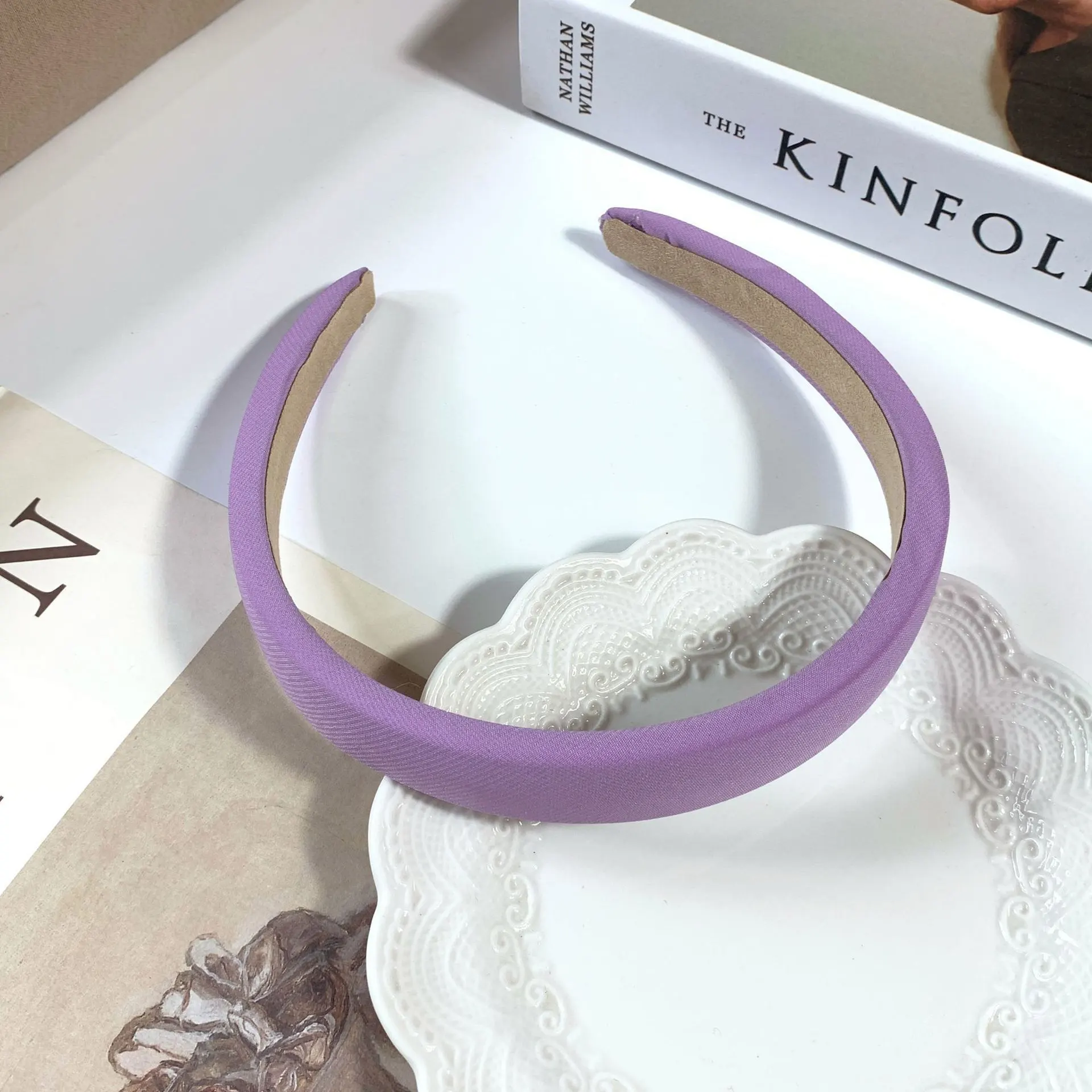 Retro Satin Sponge Headband Net Red French Solid Colour Simple Wide-brim Hair Accessories - Lavender 2Cm