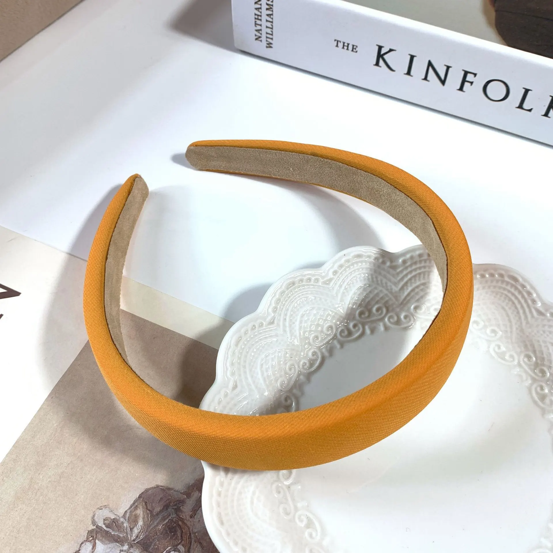 Retro Satin Sponge Headband Net Red French Solid Color Simple Wide-brim Hair Accessories - Orange 2Cm - View 1