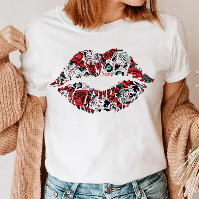 Fashion Printing Creative Color Lip Print Short Sleeve 12White - Shop at LoveMi