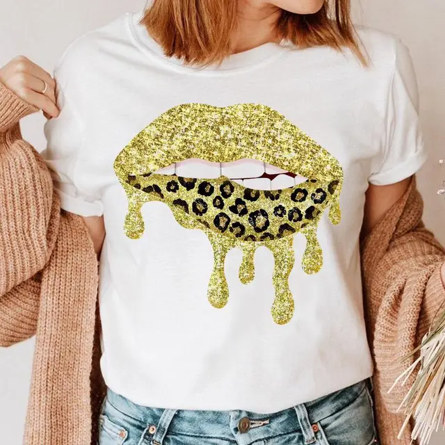Fashion Printing Creative Color Lip Print Short Sleeve 13White - Shop at LoveMi