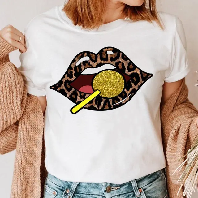 Fashion Printing Creative Color Lip Print Short Sleeve 22White - Shop at LoveMi