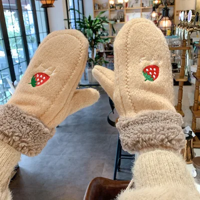 Women's Winter Plus Velvet Thick Warmth Strawberry Pattern Cycling Gloves Beige - Shop at LoveMi