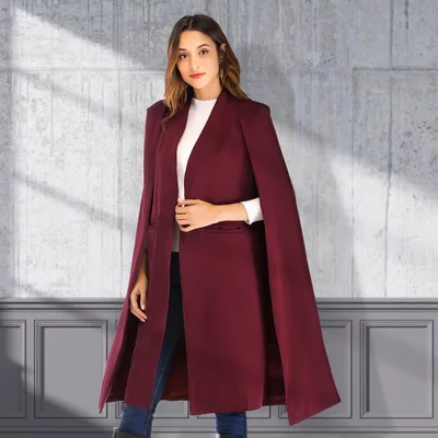 Long Women's Shawl Windbreaker Cloak Coat Wine Red - Shop at LoveMi