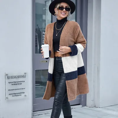 Double sided Woolen Color blocking Mid length Cardigan Windbreaker Jacket Khaki - Shop at LoveMi