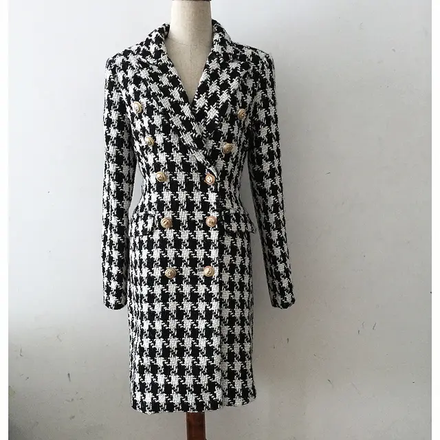 Women's Coat Metal Buckle Double breasted Houndstooth Thick Flower Black - Shop at LoveMi