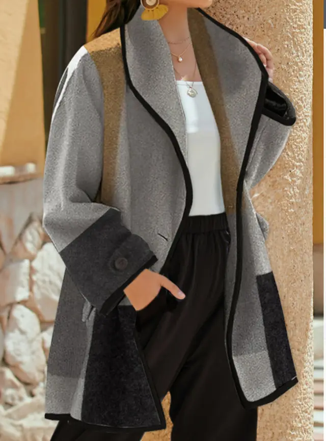 Ladies Fashion Autumn And Winter Plaid Color Matching Lapel Grey - Shop at LoveMi