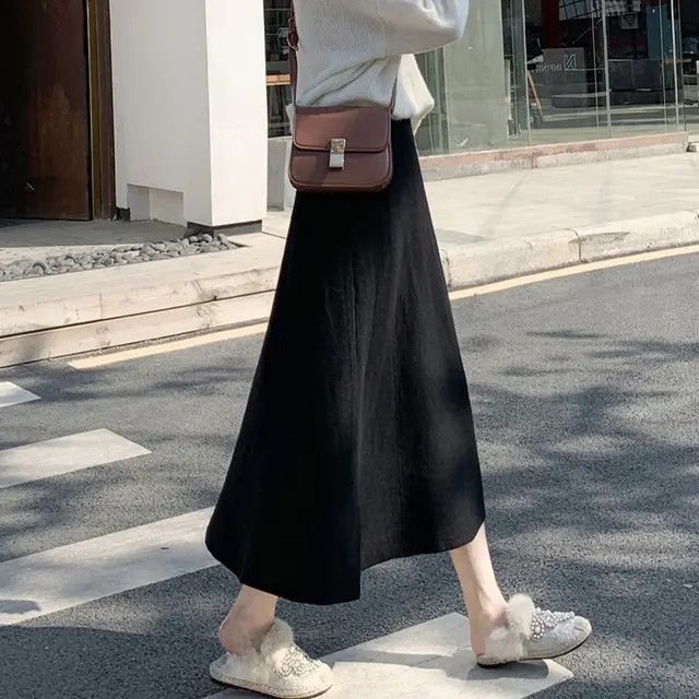 Fashion Women's Solid Color High Waist Knitted Skirt Black - Shop at LoveMi